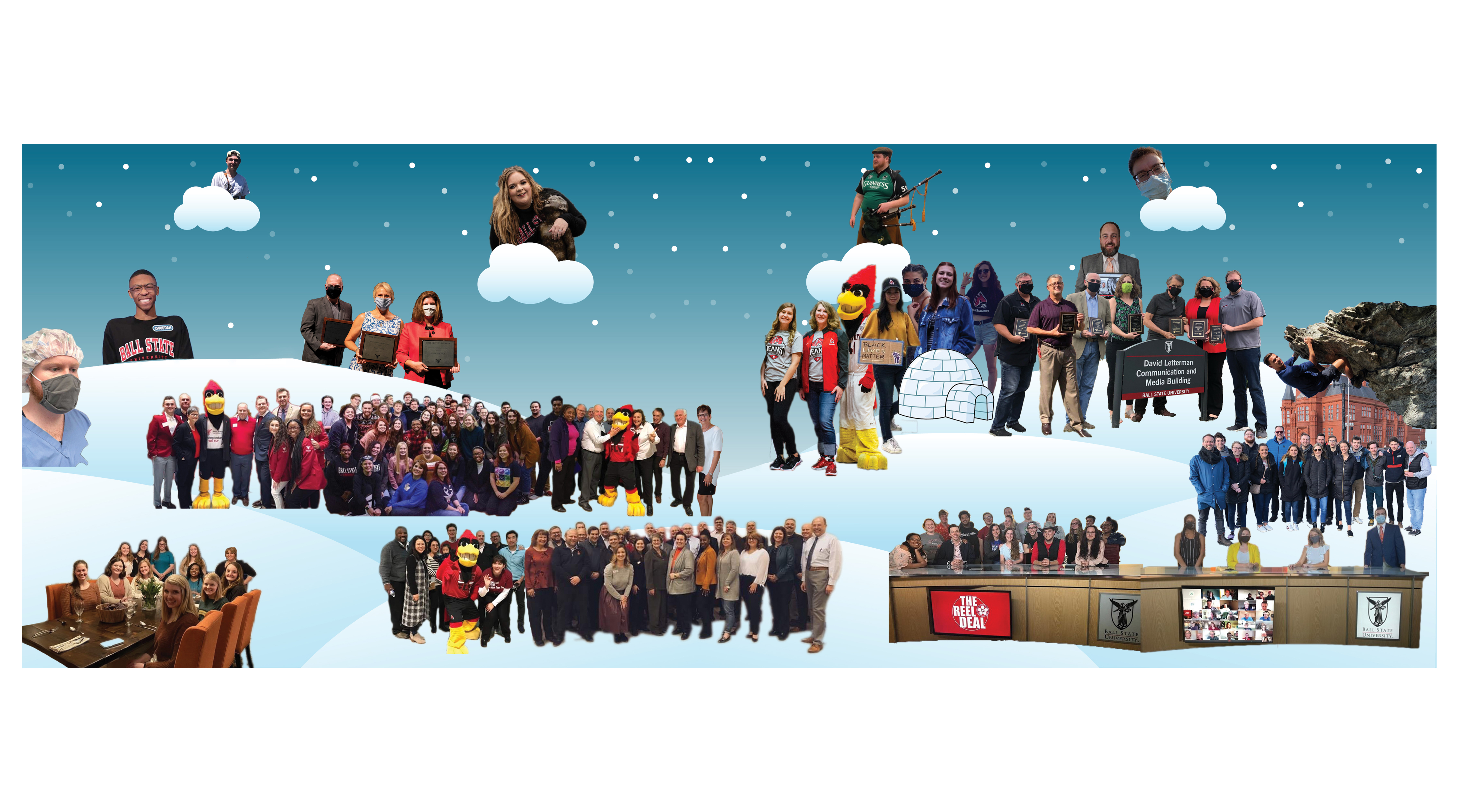 Holiday card featuring CCIM students, alumni, faculty and staff on a snowy background