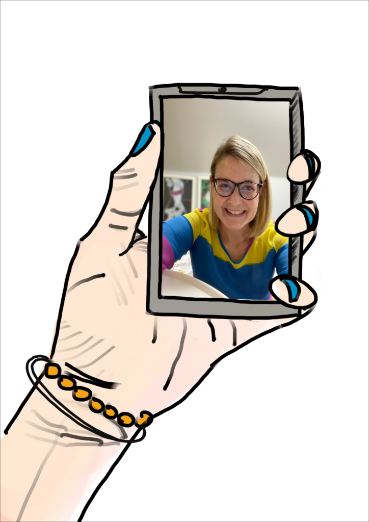 Illustration of a hand holding a phone with a selfie of the author.